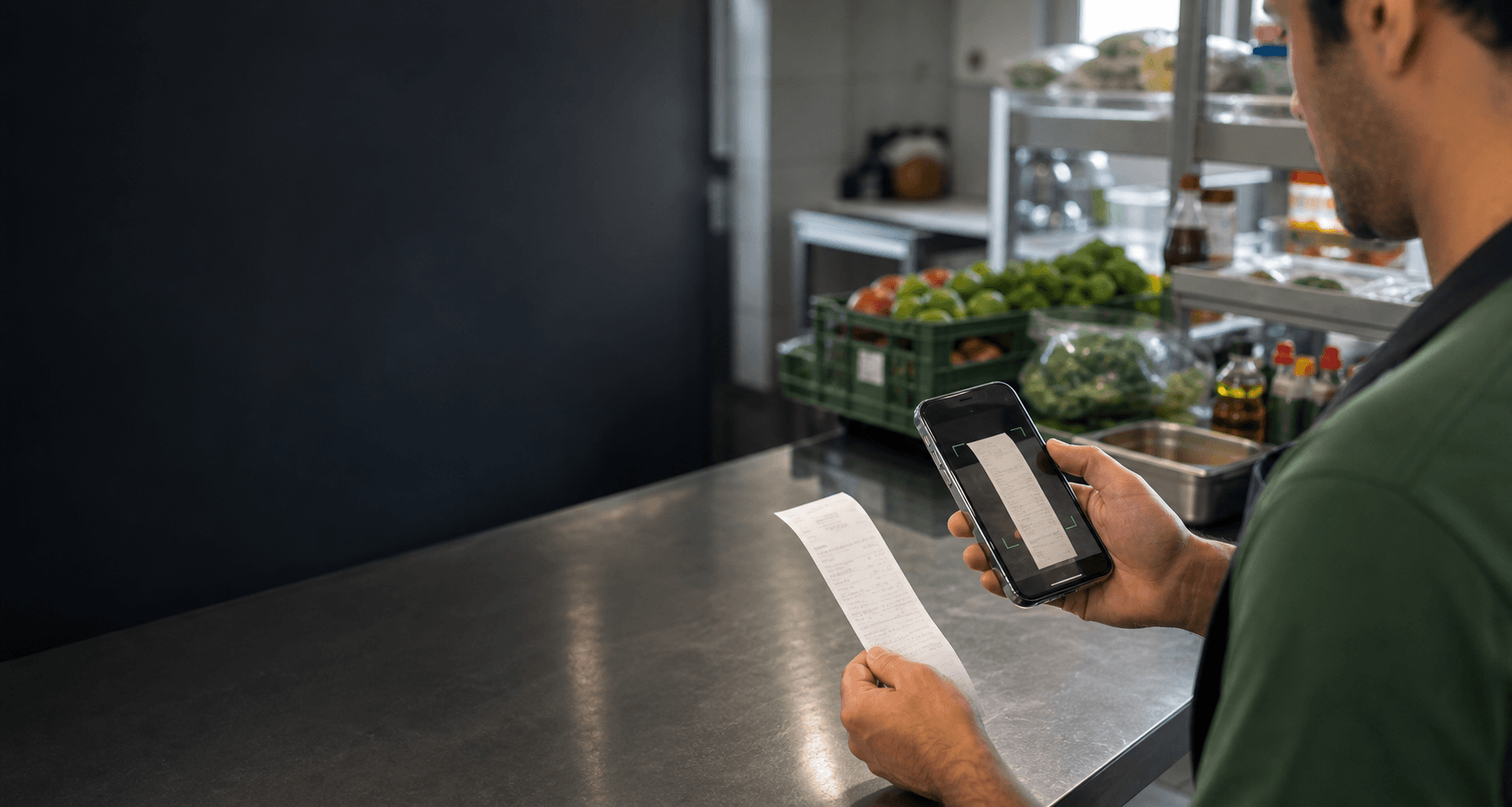 Pessoa fotografando uma nota de compra com o celular em uma cozinha profissional